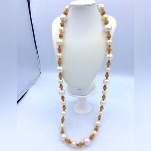 Vintage Anne Klein Faux Glass Pearl And Wire Gold Tone Beads Long Necklace 32”